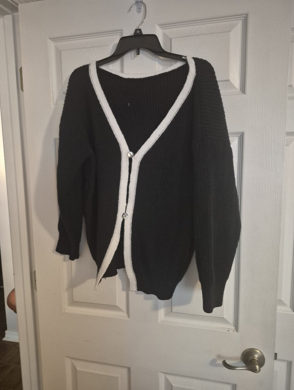 Black and White V-Neck Knit Cardigan Sweater